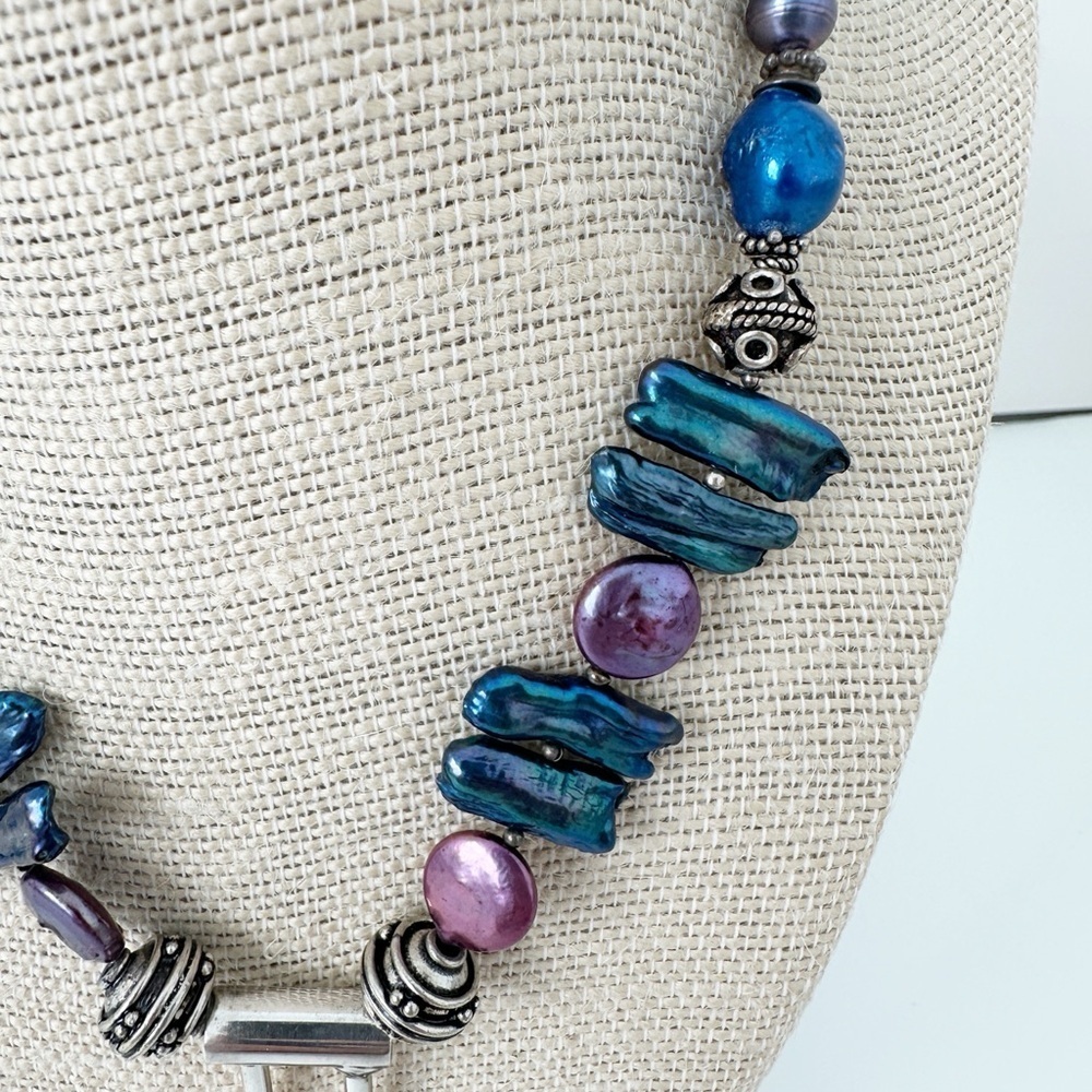 Genuine Sterling Silver Necklace, Blue & Pink Pearls, Dichrioc Glass Pendant - Picture 4 of 11